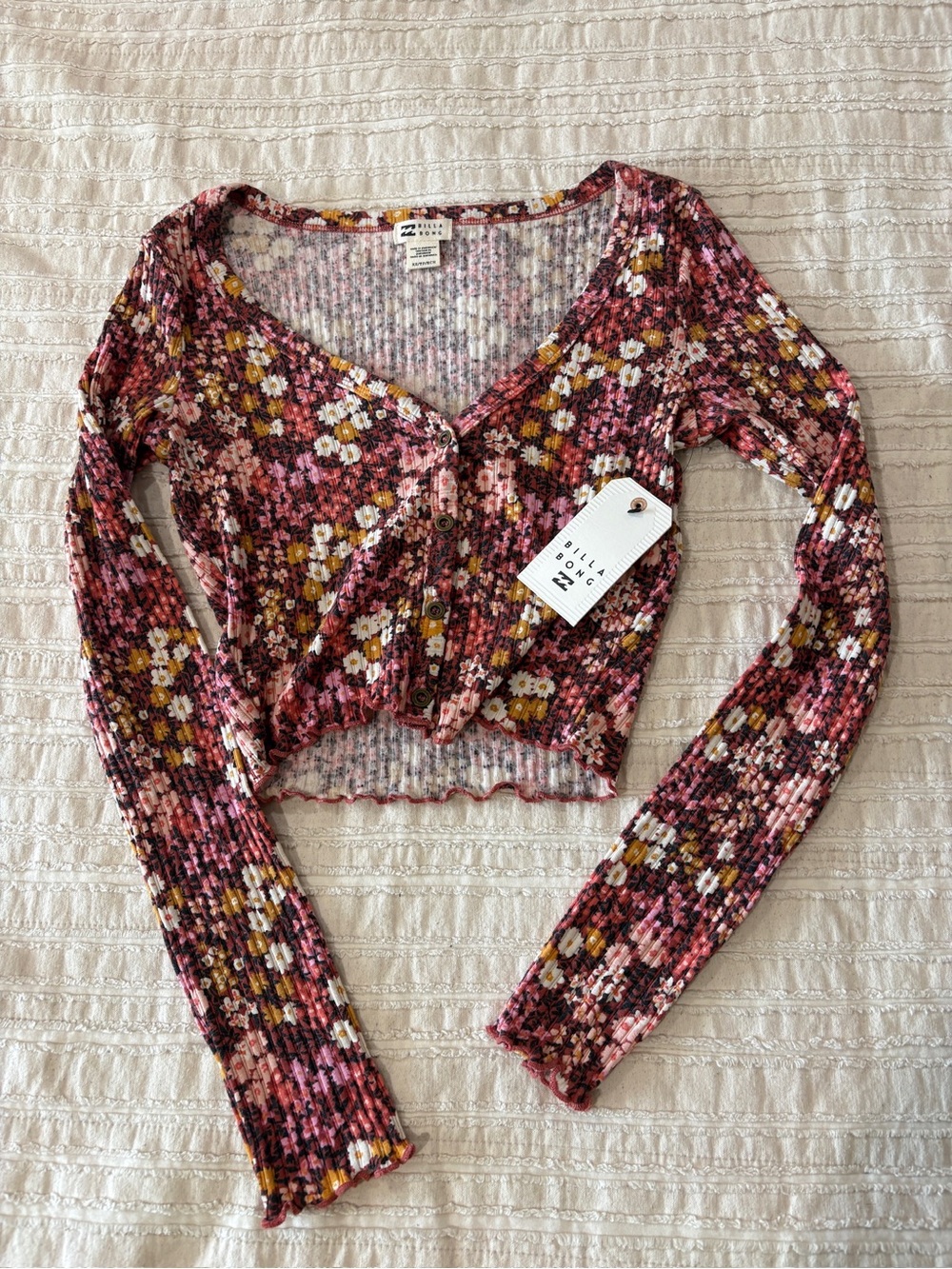 NWT Billabong Pink Floral Ribbed Long-Sleeve Crop Top